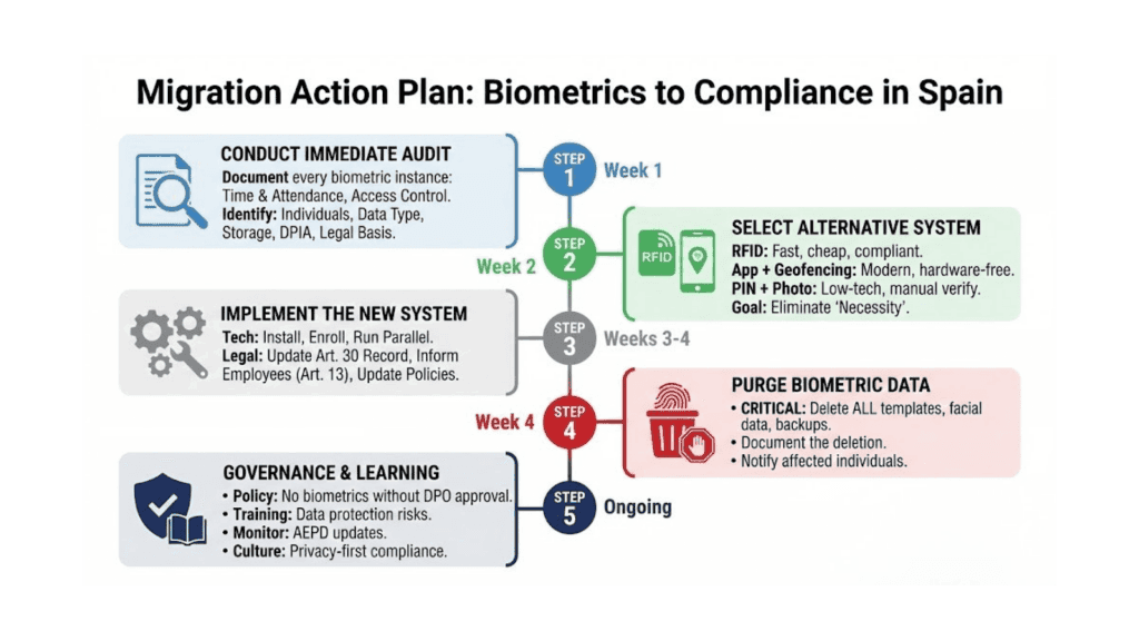 Infographic timeline titled 'Migration Action Plan: Biometrics to Compliance in Spain,' detailing a 5-step process for businesses to transition away from non-compliant fingerprint scanners to avoid AEPD fines. Steps shown are: 1. Conduct Immediate Audit (Week 1), 2. Select Alternative System like RFID or mobile apps (Week 2), 3. Implement New System and update legal records (Weeks 3-4), 4. CRITICAL: Purge Biometric Data and backups (Week 4), and 5. Ongoing Governance & Learning to maintain GDPR compliance.
